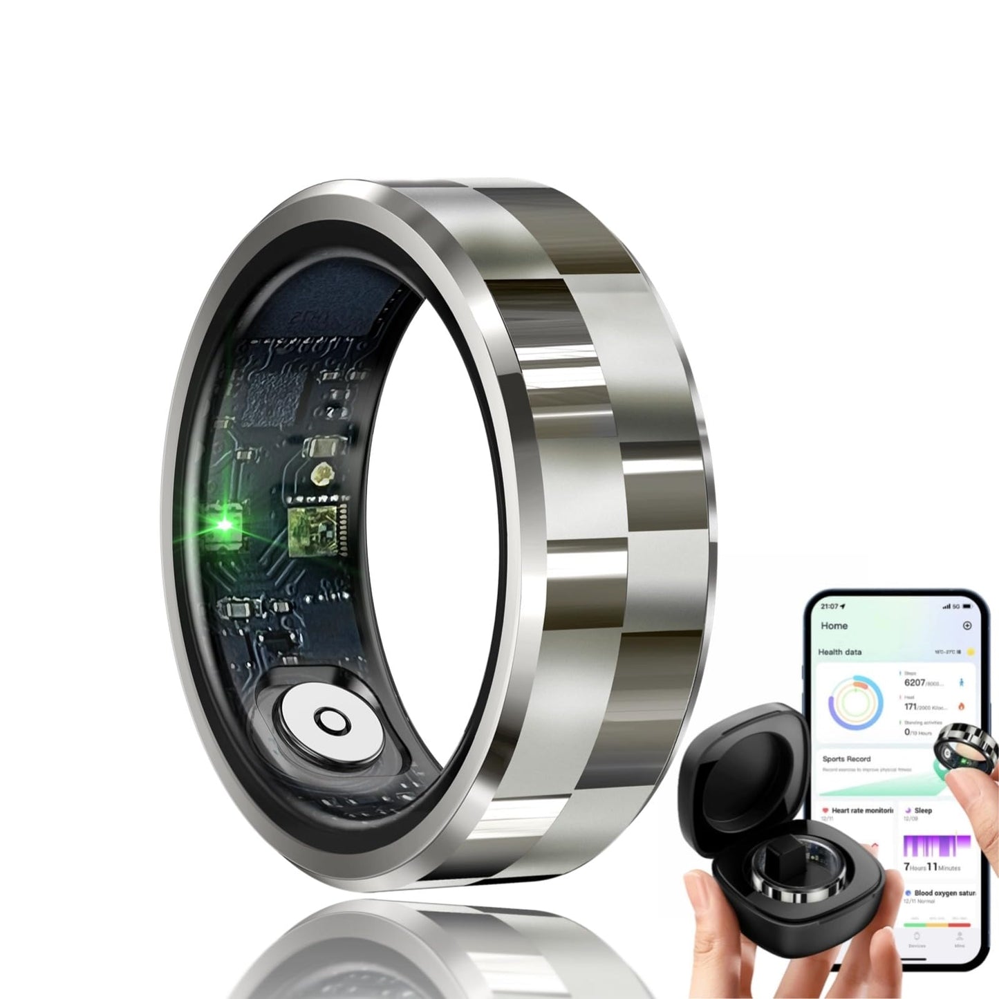 Smart Ring for Men Women Sleep Tracking Wearable Heart Rate Fitness Tracker Step Blood Oxygen Blood Pressure TrackerCalorie Tracking Shake to Take Photos (Sliver #11)