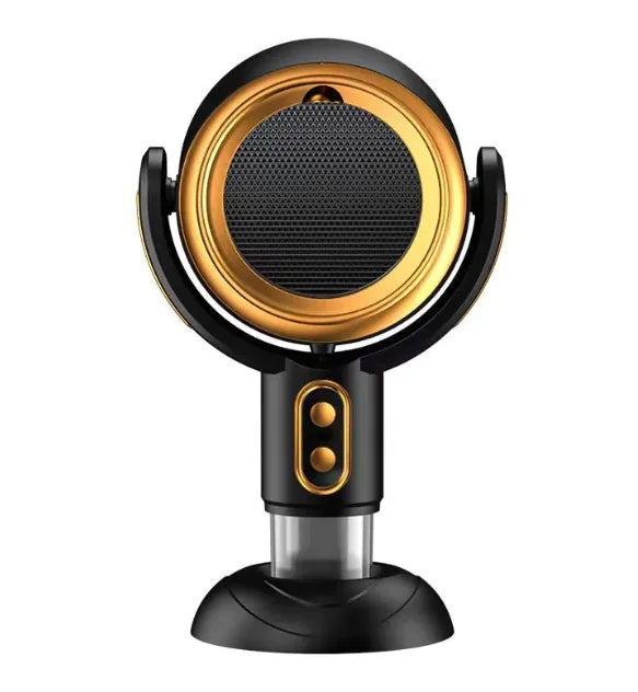 Black and gold microphone on a white background