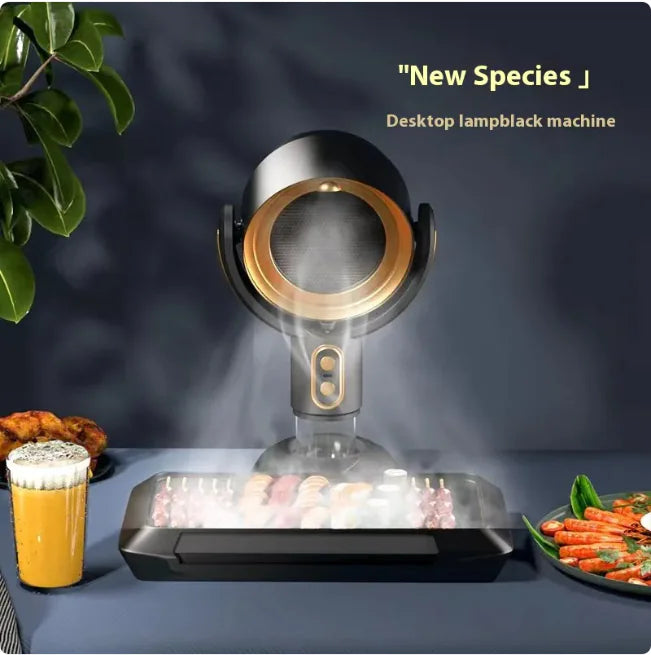 Desktop lampblack machine on a table with food items and a plant in the background