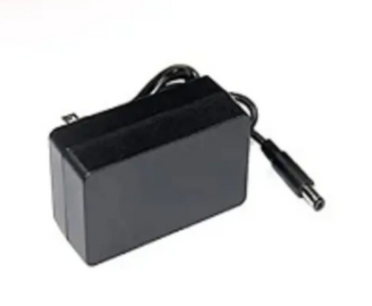 Black power adapter on a white background